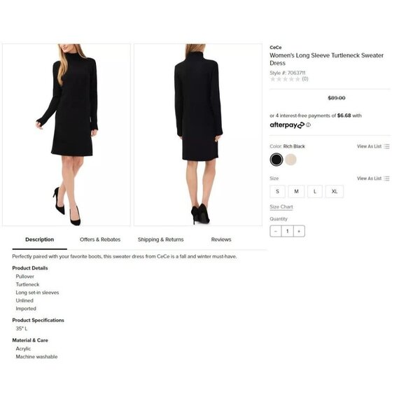 CeCe Sweater Dress Size Small Black Turtleneck Long Sleeve Ribbed Rich Black - Picture 7 of 8